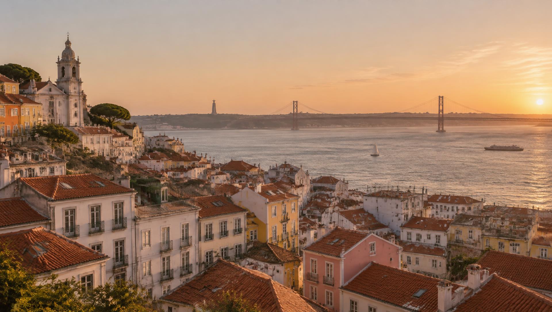 Imagem ilustrativa dos telhados de Lisboa e do rio Tejo ao pôr do sol