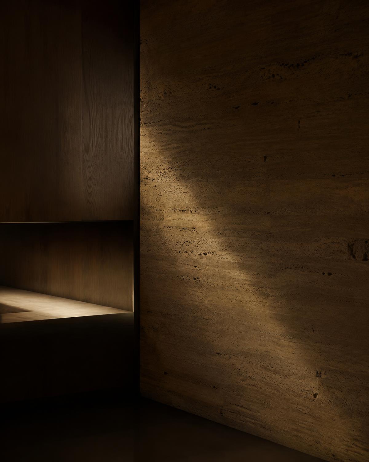 Pormenor de parede em travertino e madeira com luz quente (imagem ilustrativa)